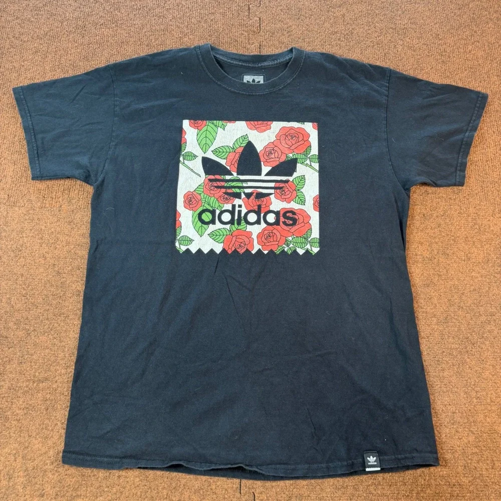 A+ Adidas Originals Mens Large Black Floral Rose Trefoil Graphic T-Shirt Cotton